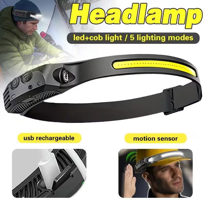 Saimili 1/2 unidades Lâmpada Frontal de LED COB com Sensor de Movimento, Lanterna de Cabeça Recarregável USB com 5 Modos