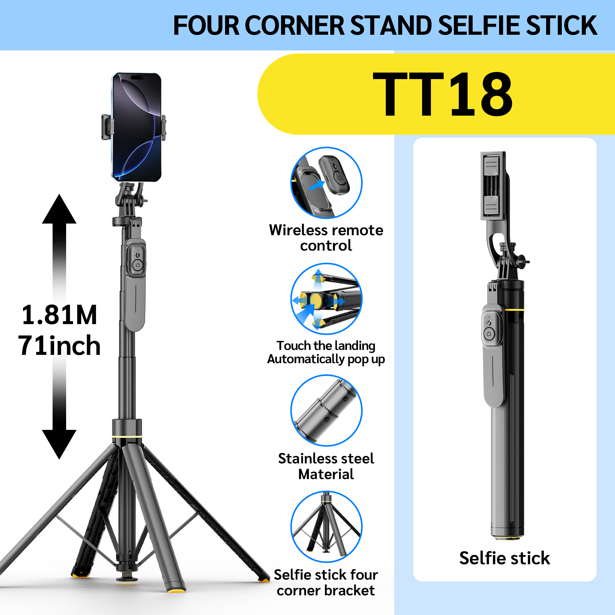 Bastão de selfie para smartphone SELFIESHOW TT18, atualizado com tripé de quatro pontos e cabo de equilíbrio, ideal para