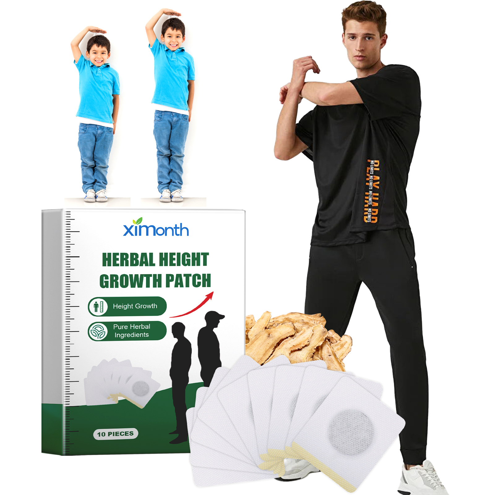 Patches Avançados de Crescimento Herbal 10 Unidades: Fórmula de Colágeno com Ginseng para Absorção de Cálcio,