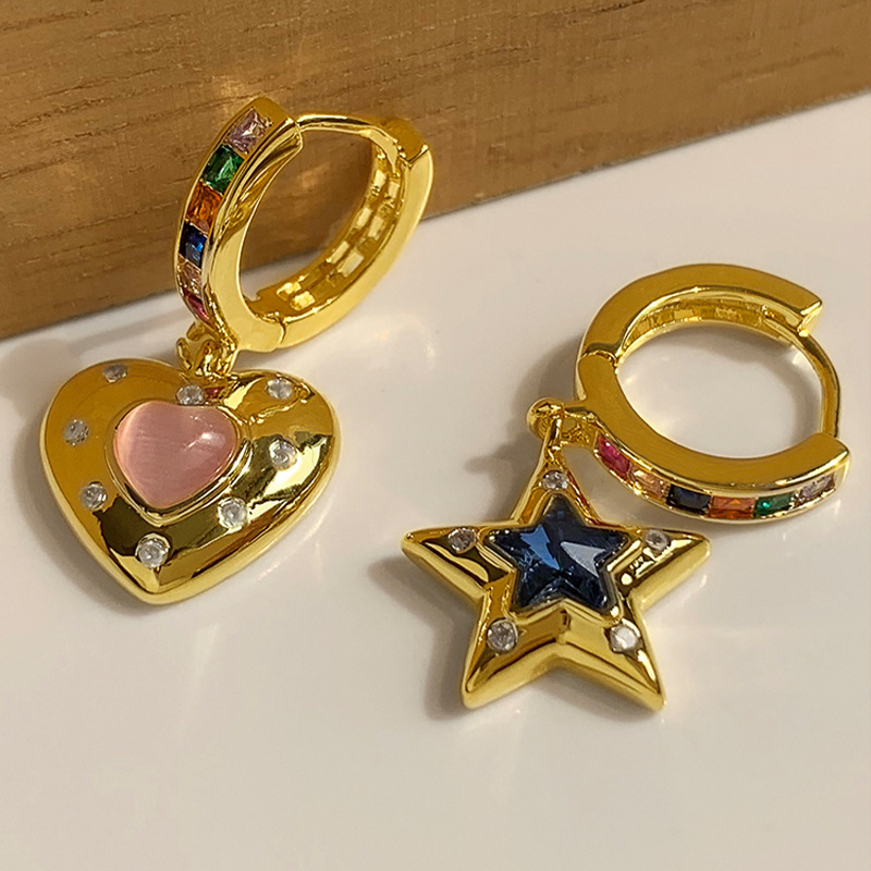 Aço inoxidável Y2K: brincos assimétricos de strass coloridos em forma de coração e estrela, com pingente e aro, para