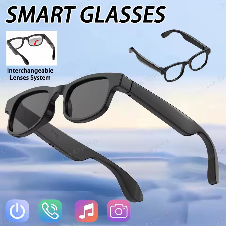 Óculos Inteligentes Novos com Câmera, Controle Remoto, Chamada Bluetooth, Música Estéreo, Microfone, Assistente de Voz