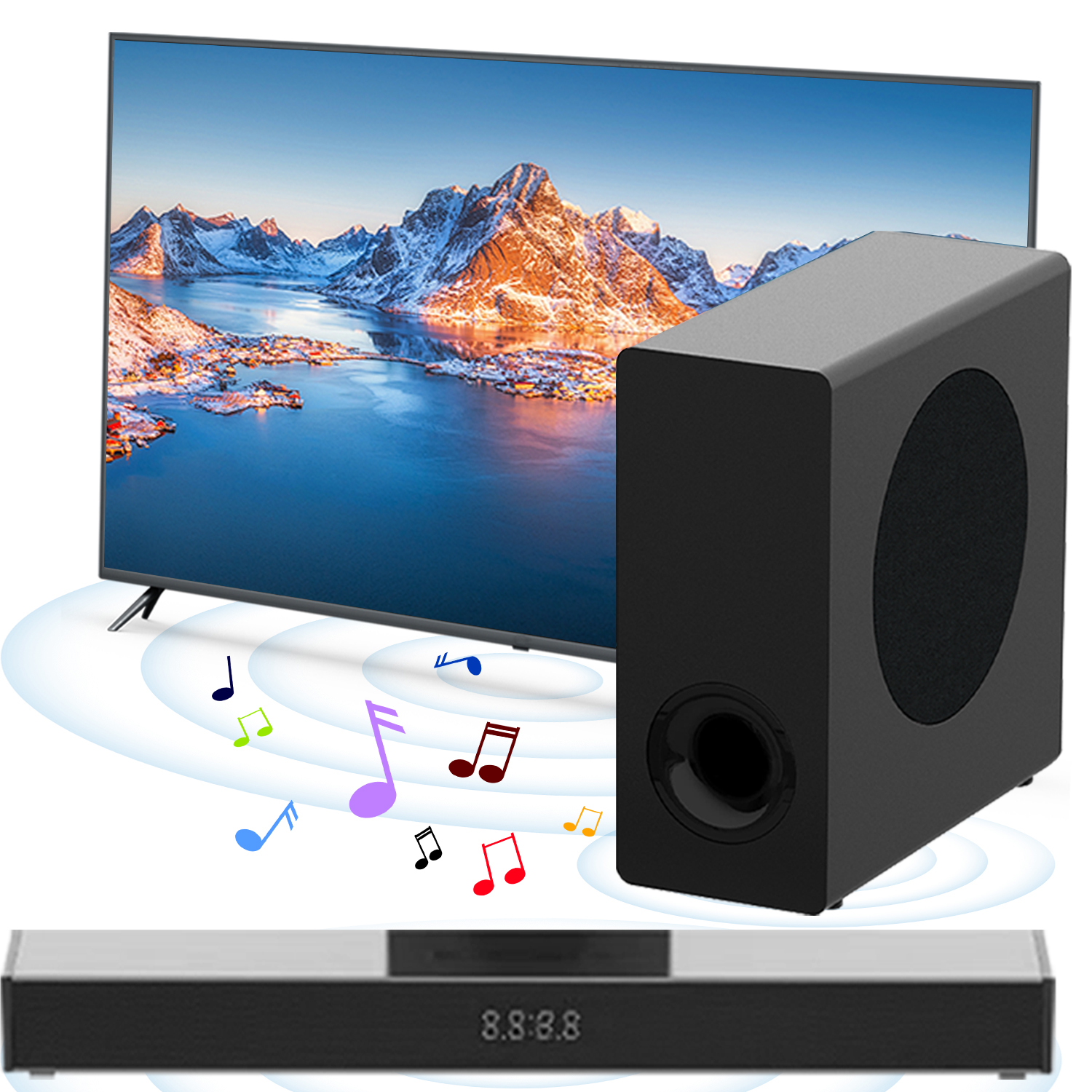 Barra de som universal para home theater com controle remoto infravermelho, opções com fio e sem fio para Smart TV