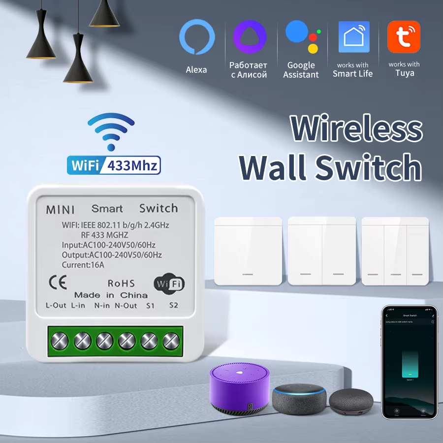 Smart Life para interruptor WiFi Tuya, iluminação 433MHz RF, controle por aplicativo sem fio, comando de voz Alexa,