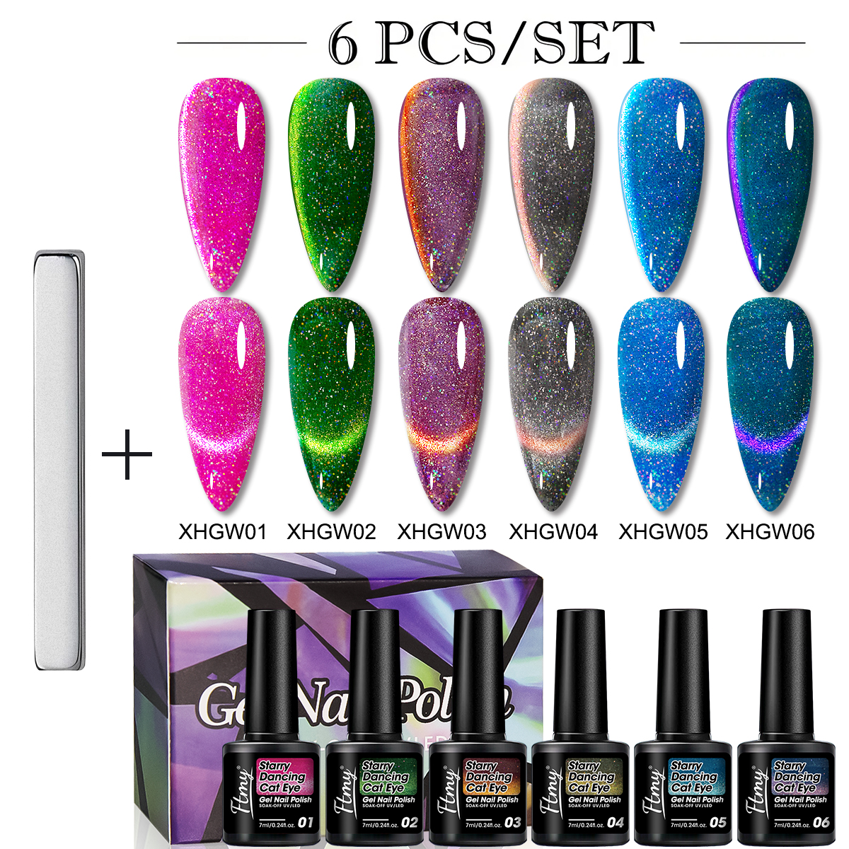 Conjunto de esmalte de gel FTMY 7 ml Star River Dance Cat Eye - brilho duradouro, ferramentas magnéticas, cores
