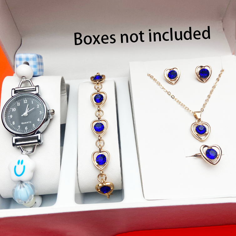 5 Peças Crianças Coração Azul Cz Pingente Colar Brincos Pulseira Para Anel Relógio De Quartzo Conjunto Meninas