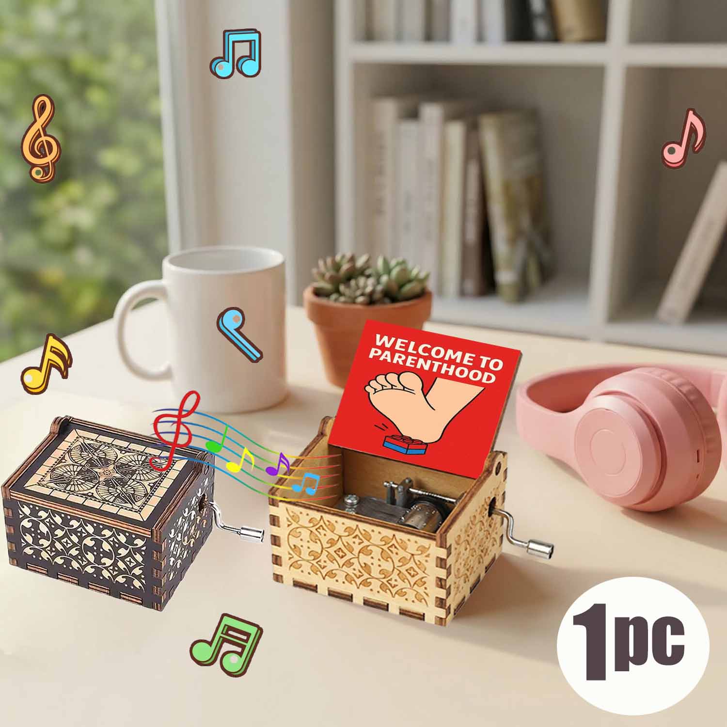 1 peça divertida, pés pisando em blocos de montar, caixa de música de madeira vintage com manivela manual, presente de