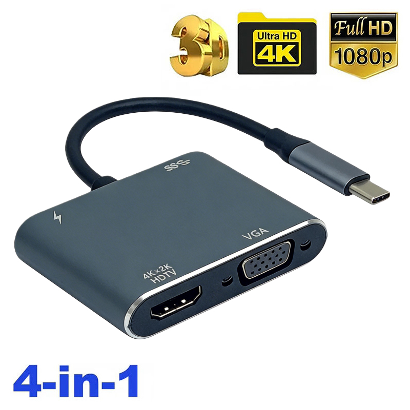  Hub USB-C 4 em 1 para carregamento PD, HDMI 4K, VGA e OTG, adaptador para laptop, PC e TV