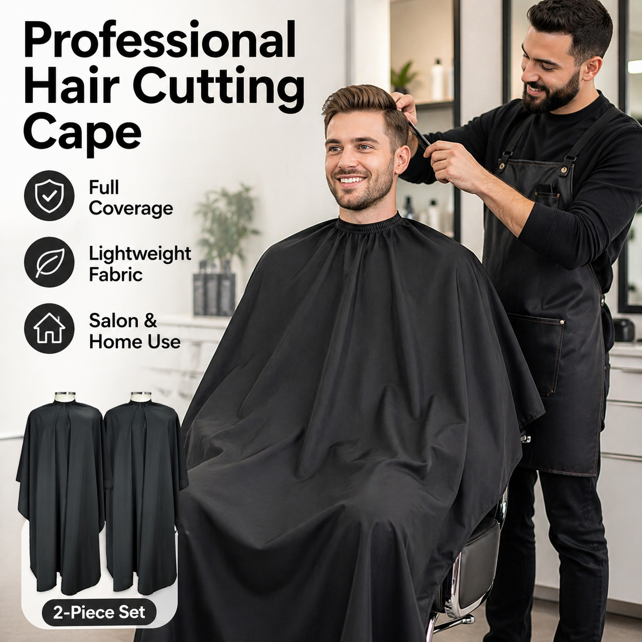 Capa de Barbeiro Preta Pura, Avental de Barbeiro com Gola Elástica e Não Gruda Cabelo