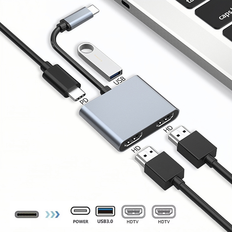 4 em 1 Adaptador USB Tipo C para Duplo HDMI Extensor Splitter PD HUB 4K Multi Display Suporte Carregamento Rápido