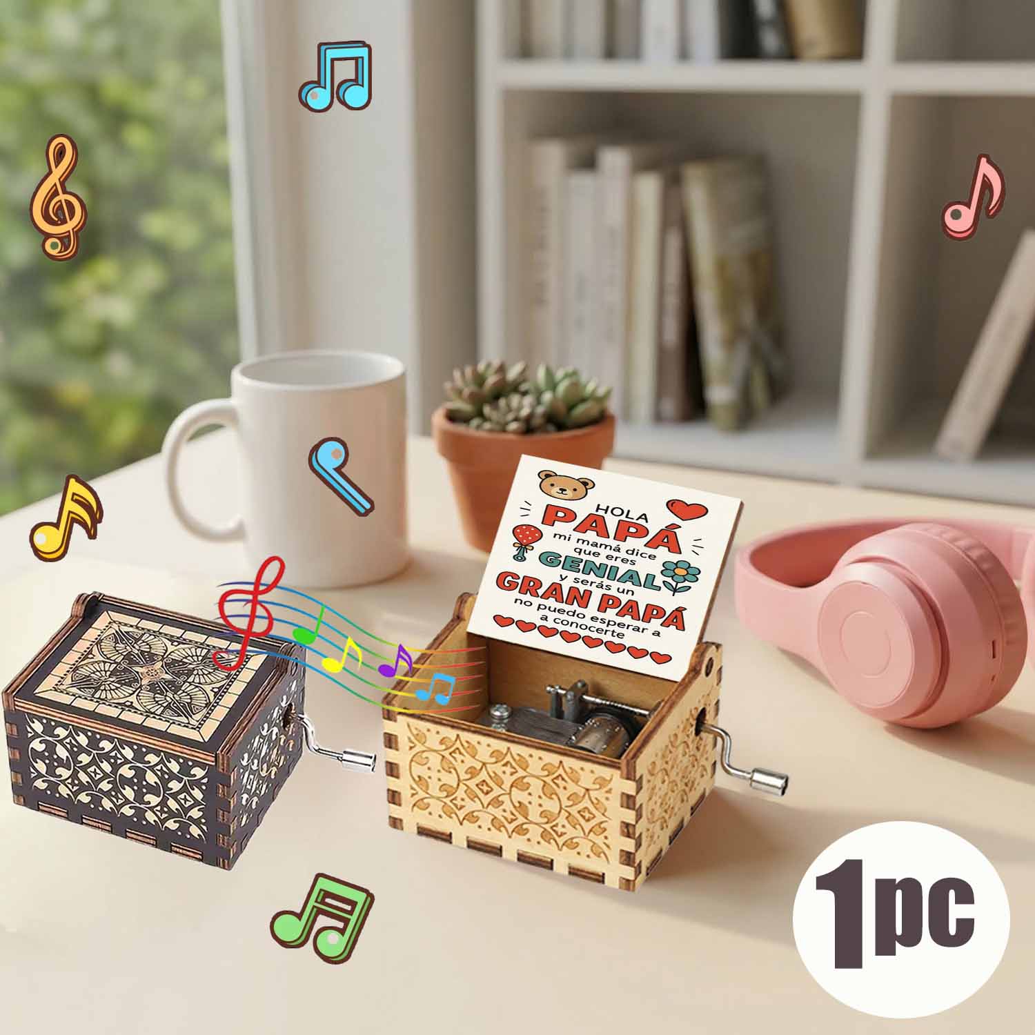 Quente-Tingido 1 Peça De Urso De Desenho Animado E Padrão De Coração Caixa De Música Vintage De Madeira Com Manivela , P