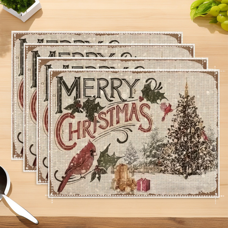 Jogos Americanos De Natal Vintage – 4 Peças De Tapetes De Mesa De Férias Cardeal E Árvore De Inverno Decoração De Jantar