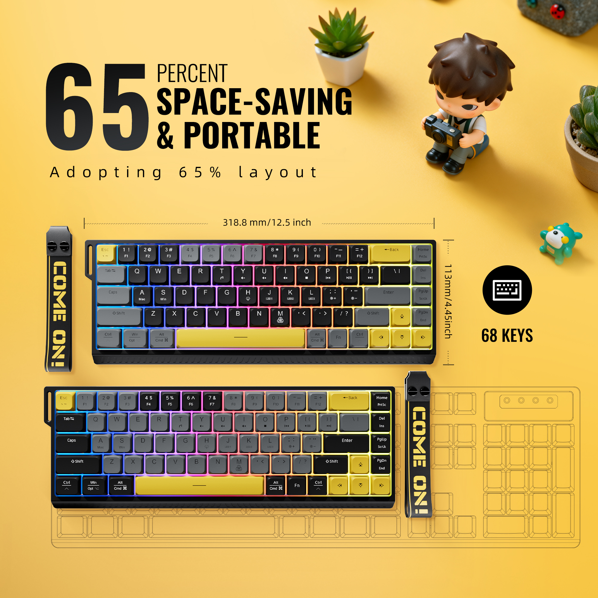 Teclado de Jogos F68 68 Teclas 65% Layout Ergonômico Teclado com Fio Retroiluminado RGB Teclado Anti-Fantasma Tipo-C