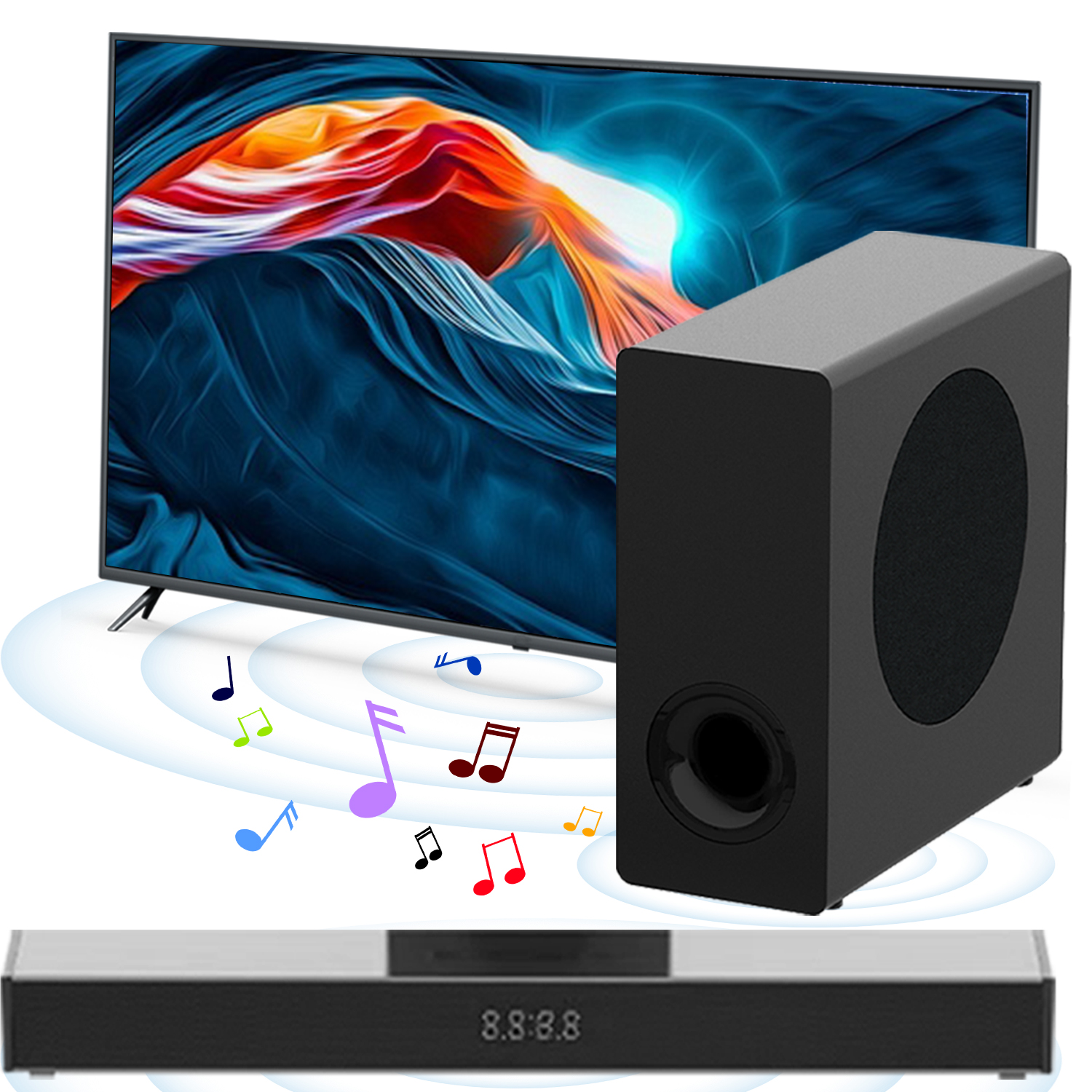 Barra de som de 160 W com som surround 3D, sistema de barra de som preta e subwoofer, posicionamento flexível para