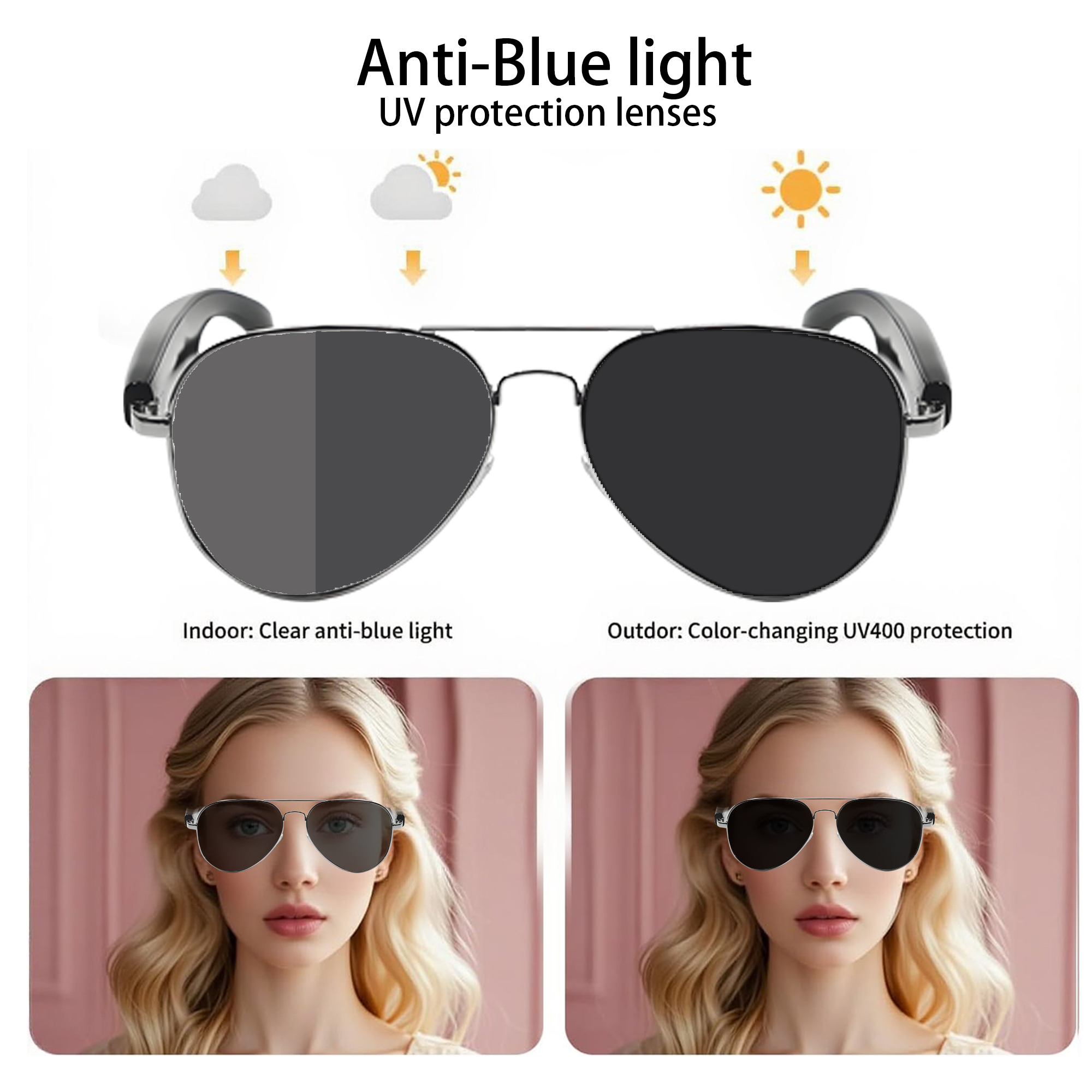Óculos Bluetooth Inteligente Anti-Luz Azul, Lente Fotocromática Polarizada UV400, Óculos de Sol Piloto para Condução com
