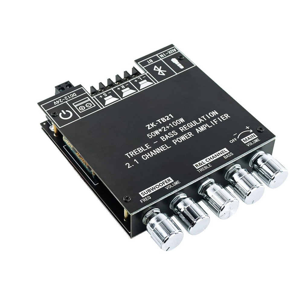Placa amplificadora digital de potência subwoofer ZK-TB21 50W+50W+100W 2.1 canais, ajuste de agudos e graves, chip