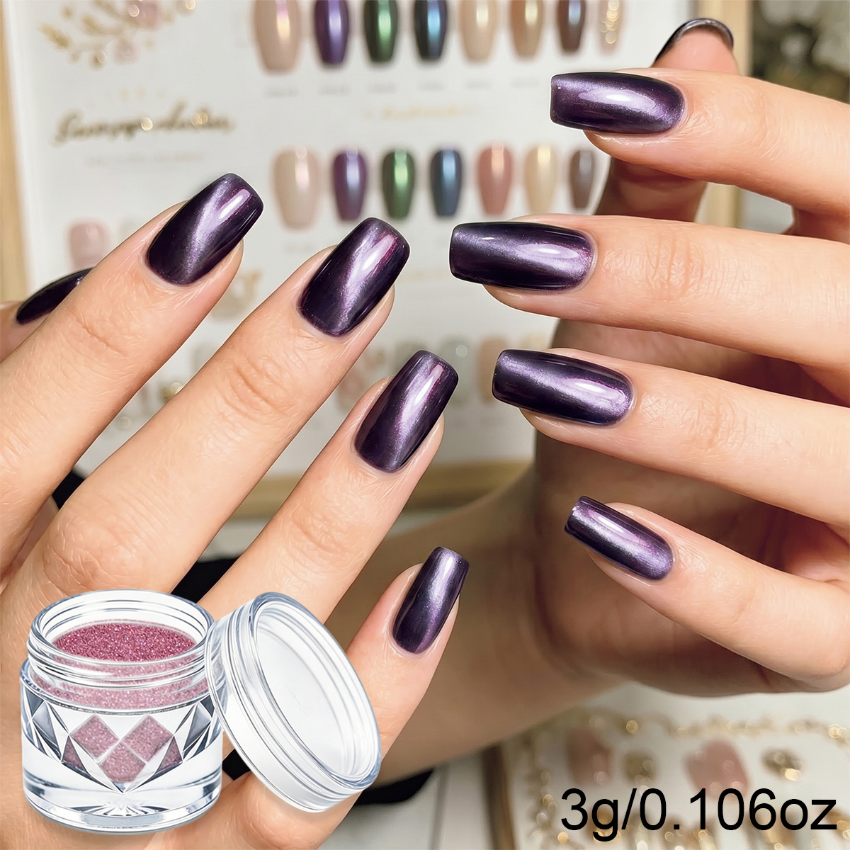 Um lindo pó para esmalte de unha, brilho labial e sombra de olhos personalizados
