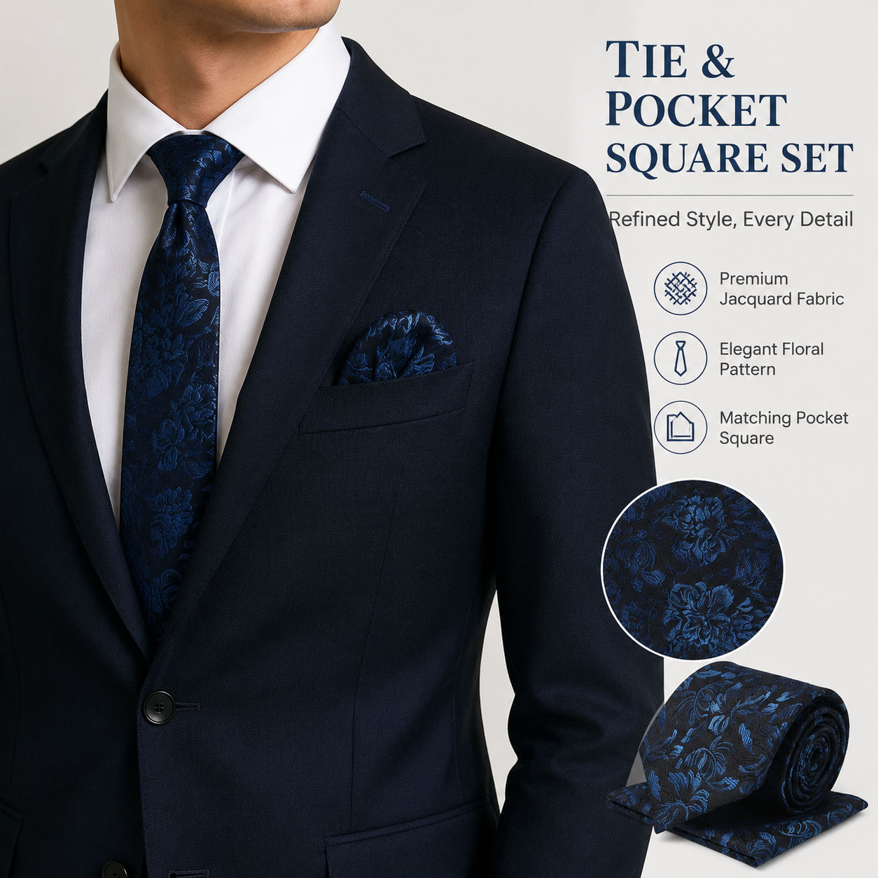 Gravata Masculina, Conjunto de Gravata com Lenço de Bolso em Jacquard Floral, Tecido Premium, Elegante para Casamentos e