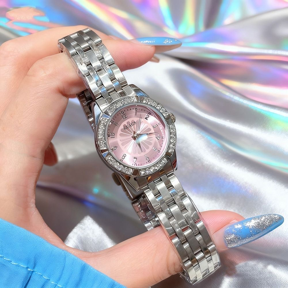 Relógio Analógico Feminino De Quartzo , Pulseira De Metal Prateado , Mostrador Rosa , Marcador De Diamante , Elegante ,