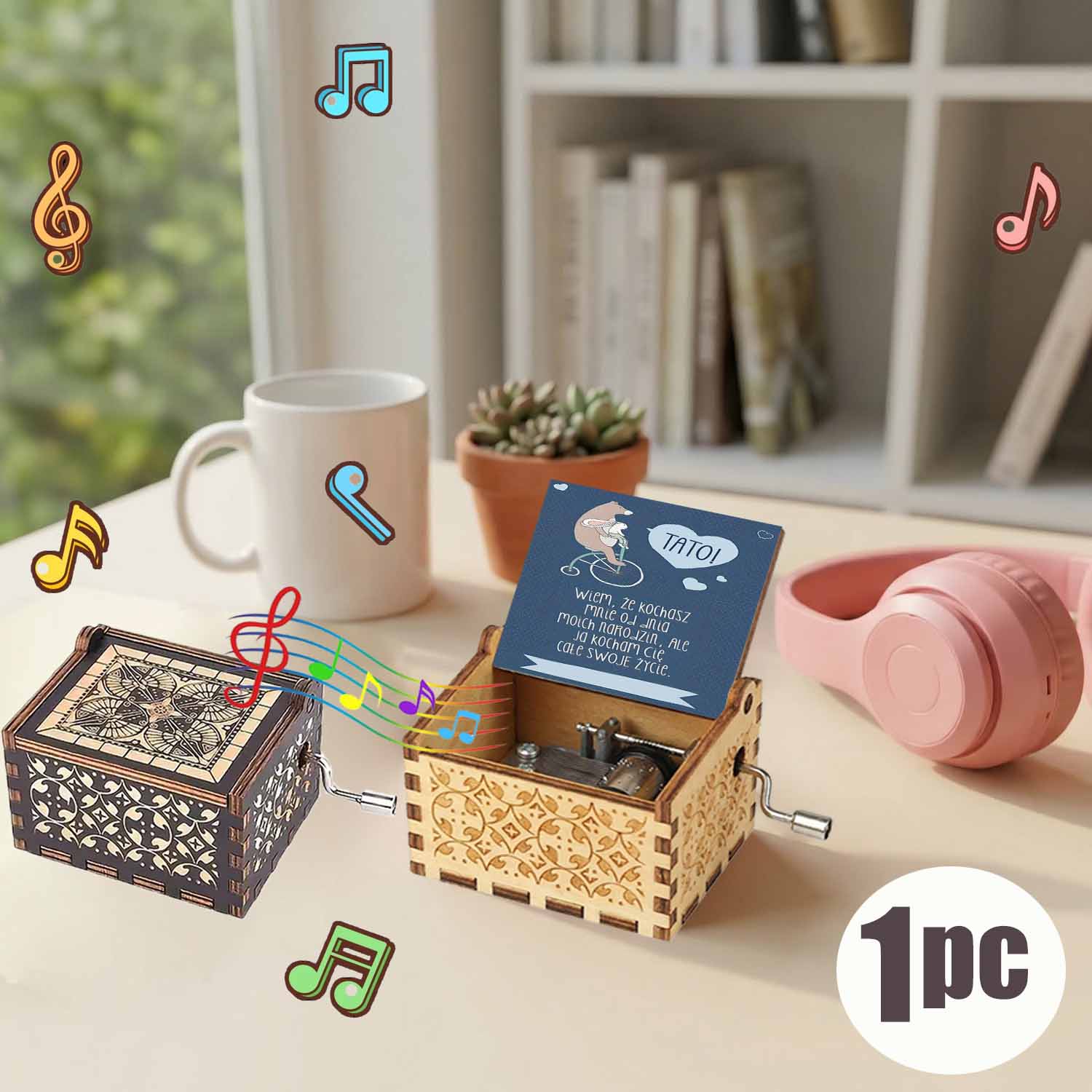 1pc Caixa de música de madeira vintage com rato de desenho animado fofo em cadeira de rodas e coração, presentes de