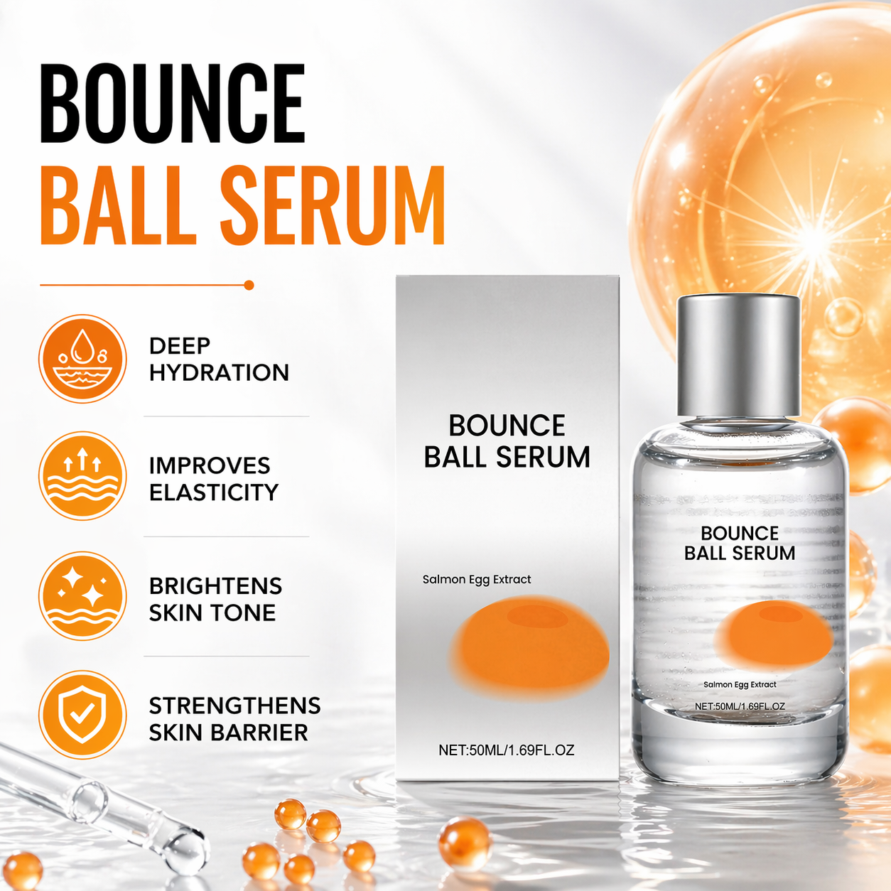 Bounce Ball Sérum 50 ml - Essência Facial com Extrato de Ovo de Salmão. Hidratação profunda, antienvelhecimento,
