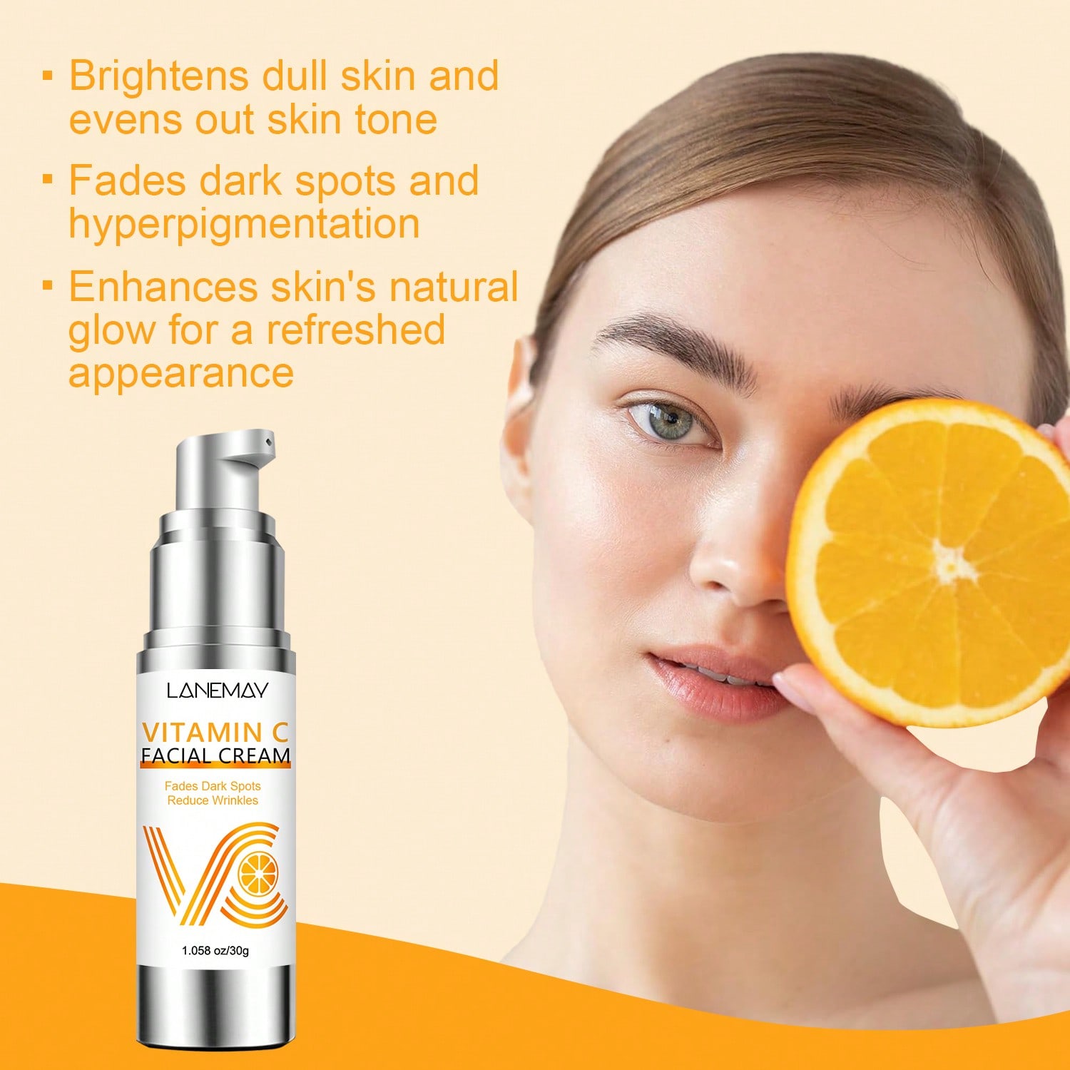 Creme Facial de Vitamina C - Ilumina a pele opaca, uniformiza o tom da pele, reduz manchas escuras e hidrata, realçando