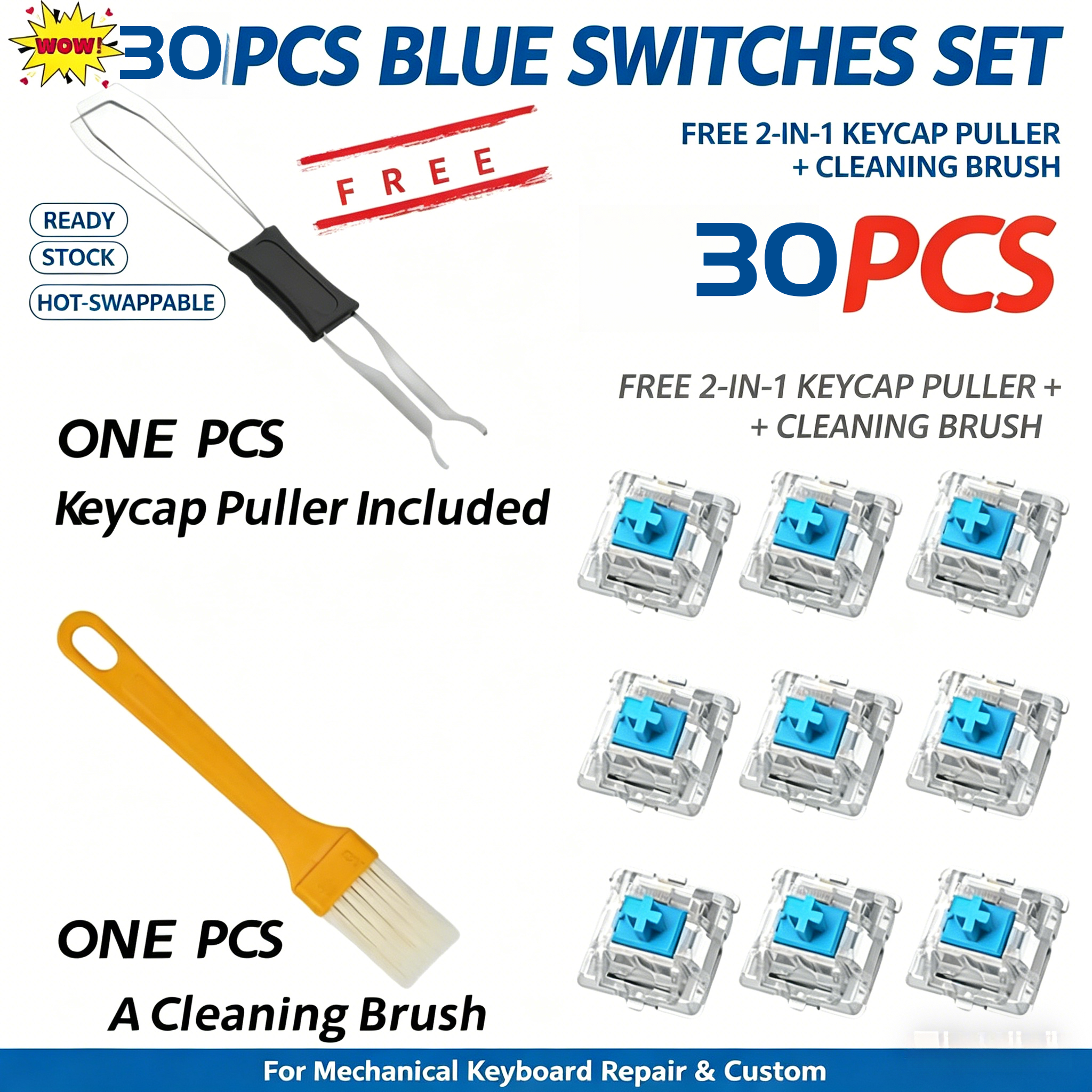 ITLY 30/50/90pcs 3-Pin Tátil Interruptor Mecânico para Teclado de Substituição com Chave de Remoção de Teclas e Pincel