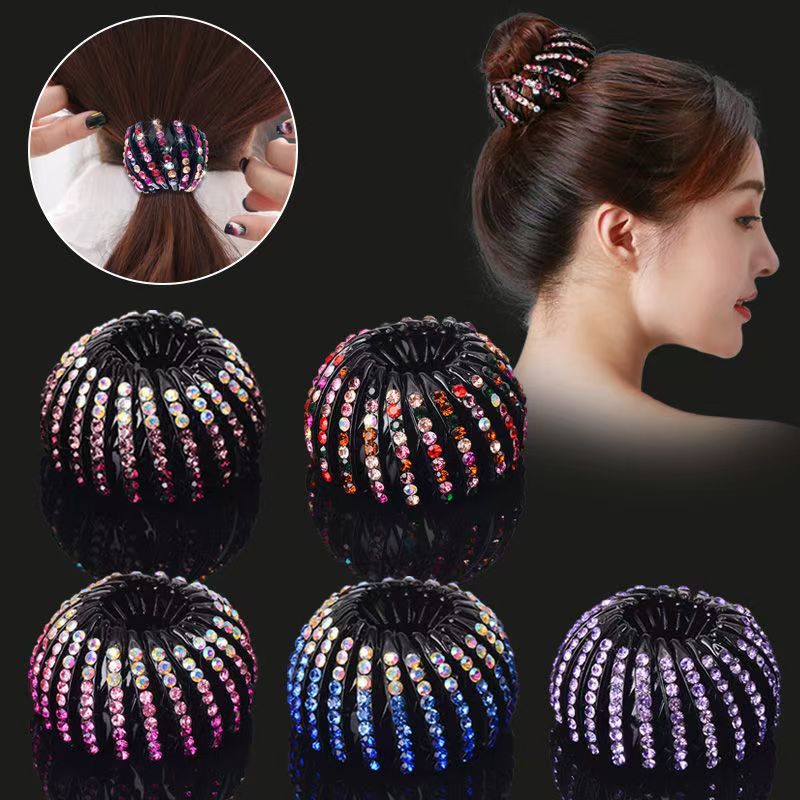 Clipe de cabelo rabo de cavalo, cocar para coque, enfeite de coque com diamantes, grampo de cabelo em forma de botão de
