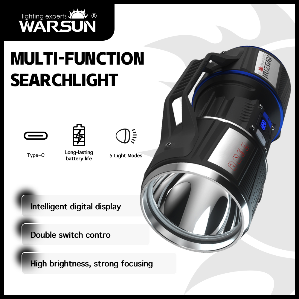 WARSUN D6000 Lanterna de Busca LED Recarregável de Alta Potência e Alcance Longo Portátil para Exterior