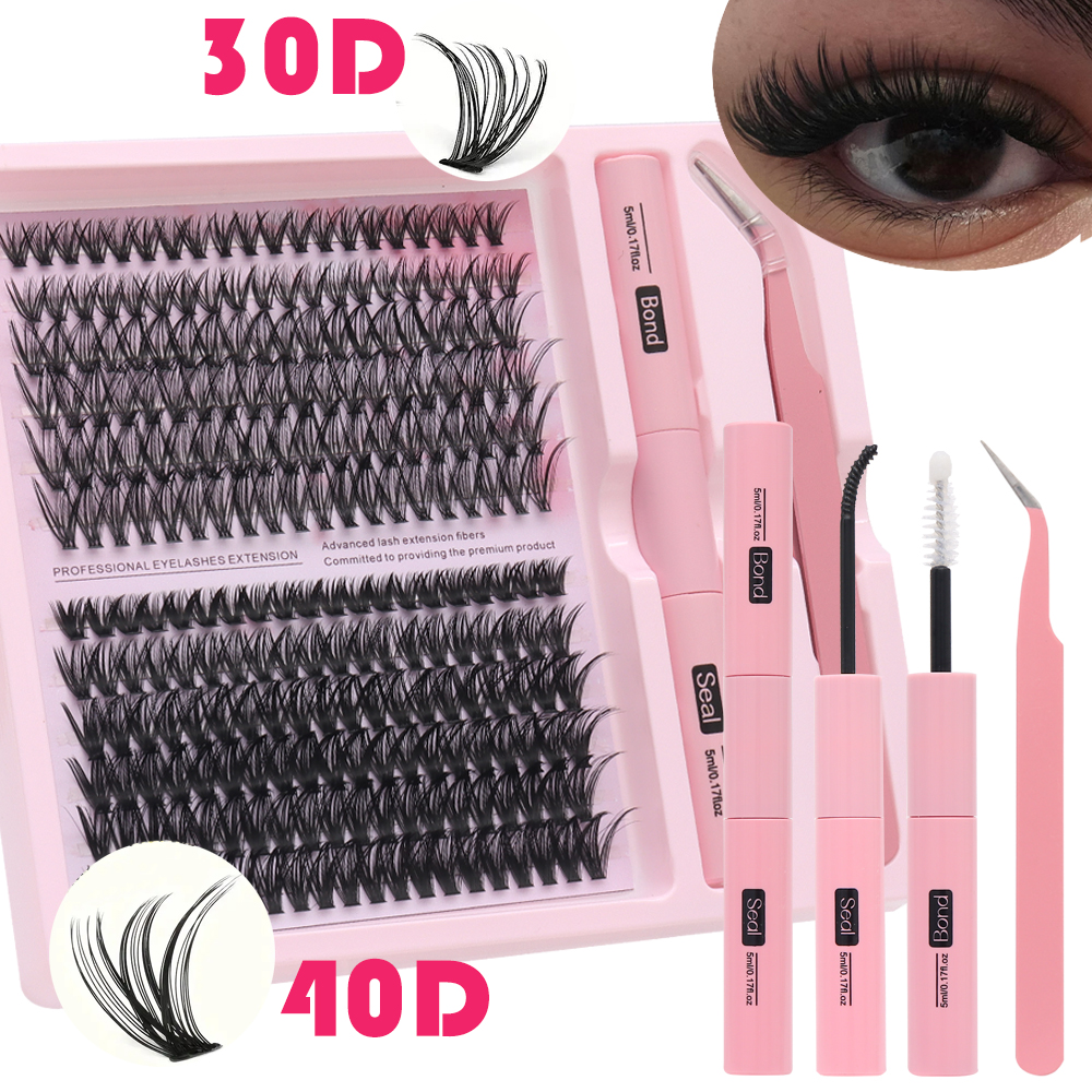 Cílios em Tufos 30D+40D 240 Unidades Extensões de Cílios Postiços, Efeito Fofo, Curvatura D, com Cola & Selante e Pinça