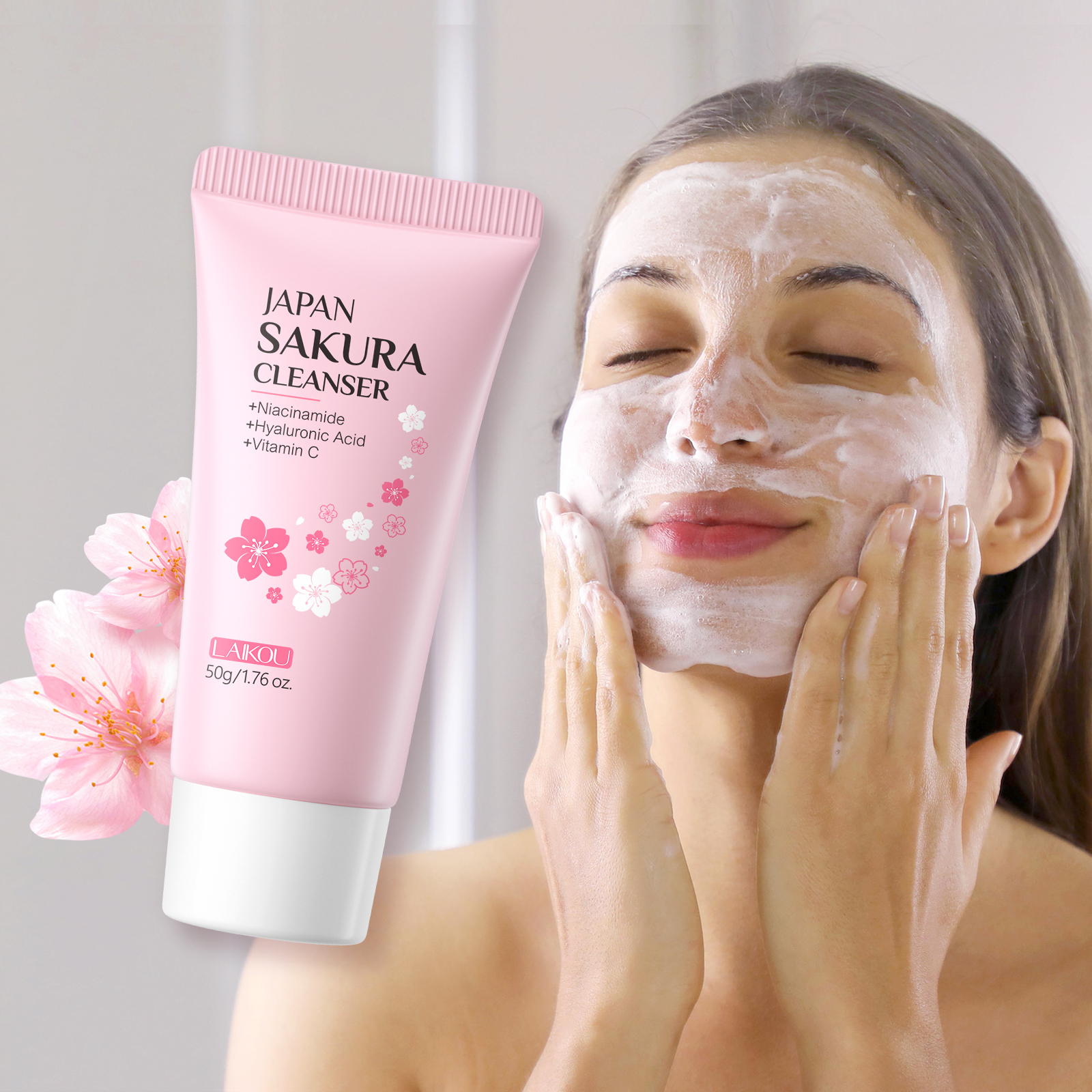 LAIKOU Japão Sakura Cleanser 50g Clareador Lavagem Facial Limpeza De Poros Cravos Profunda E Espuma Rica