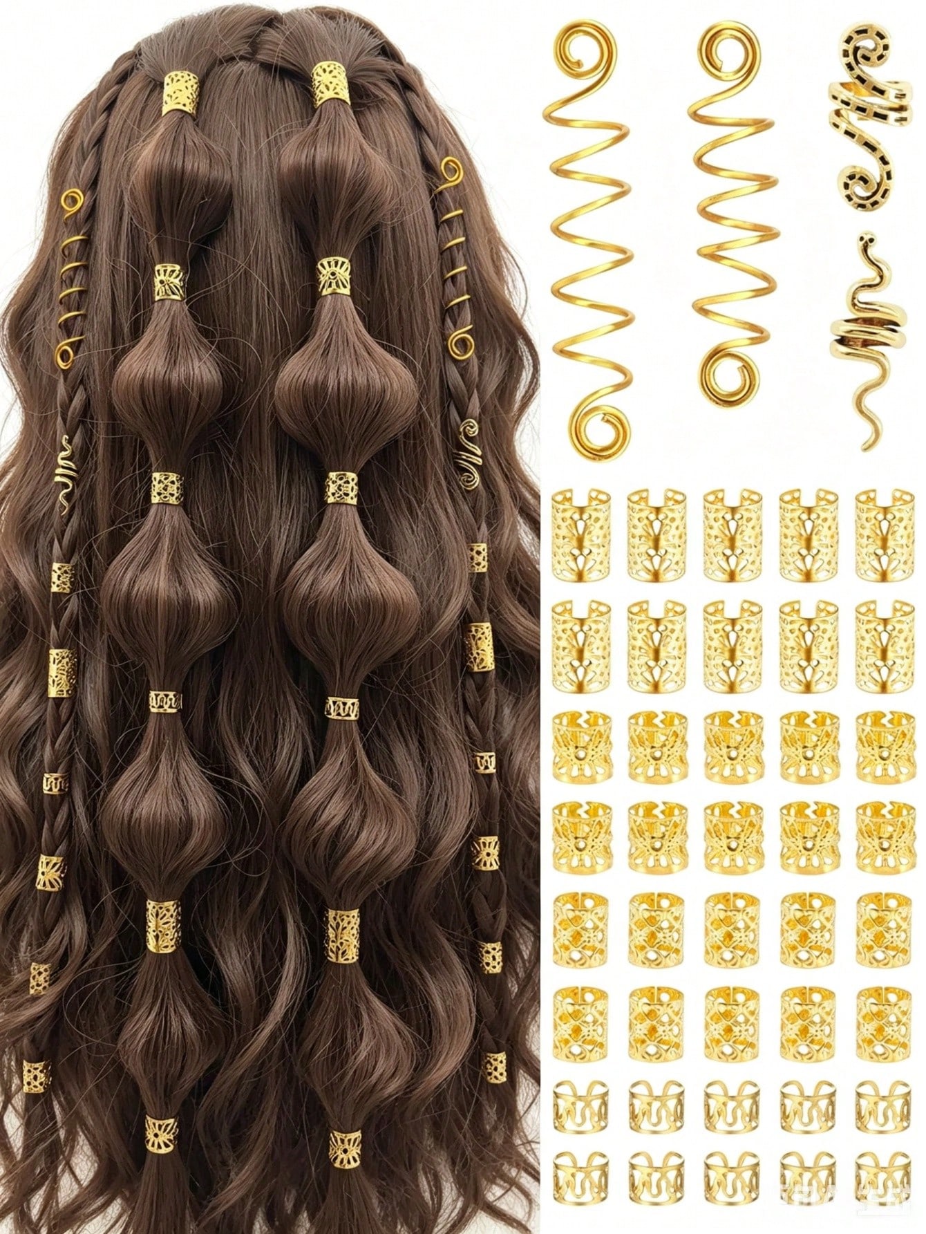 Conjunto De Punho De Cabelo Em Espiral Dourado Boêmio , Cobra Oca Para Anel Tranças E Locs , Acessórios De Estilo