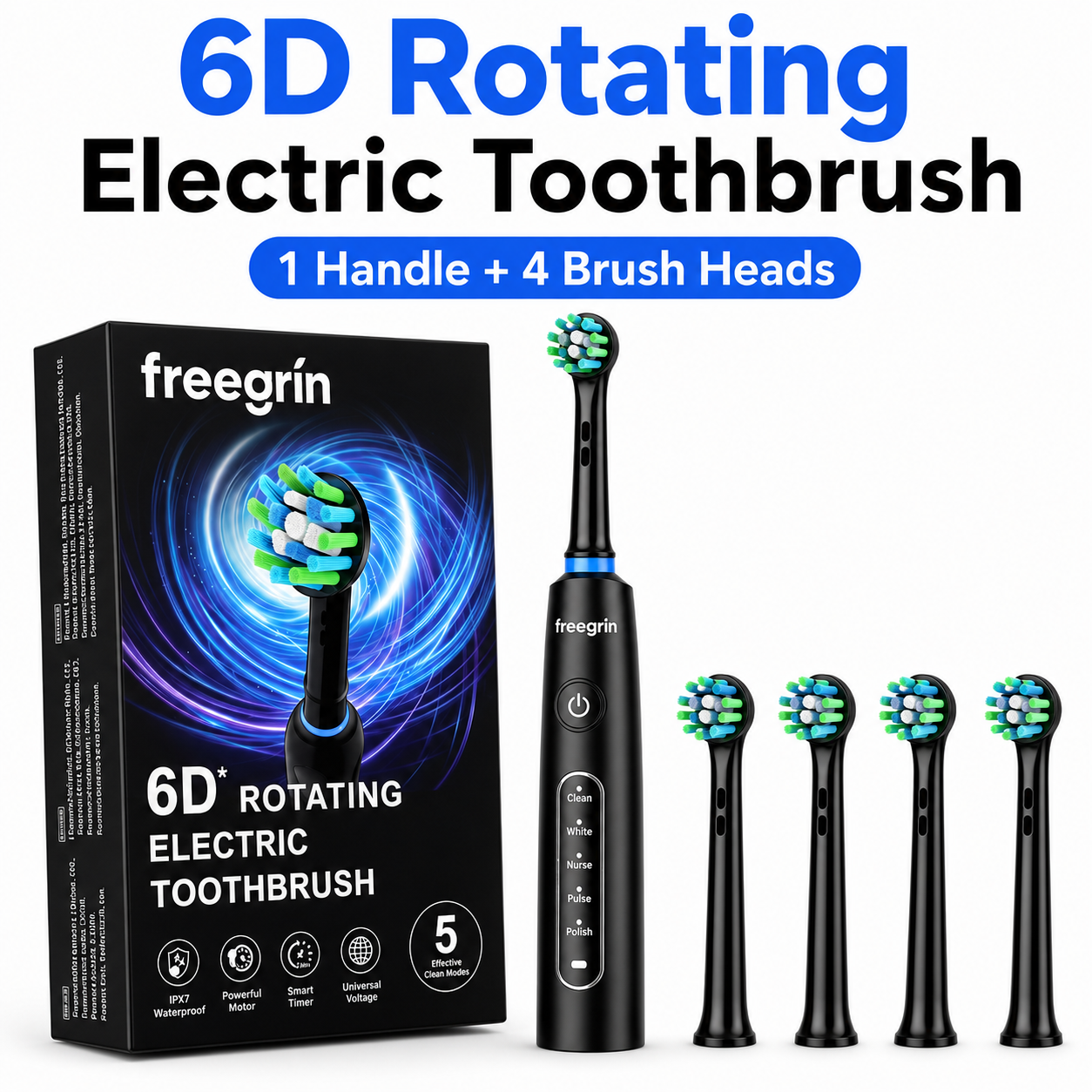 Escova de dentes elétrica à prova d'água IP67 Freegrin, 4 cabeças de reposição, 