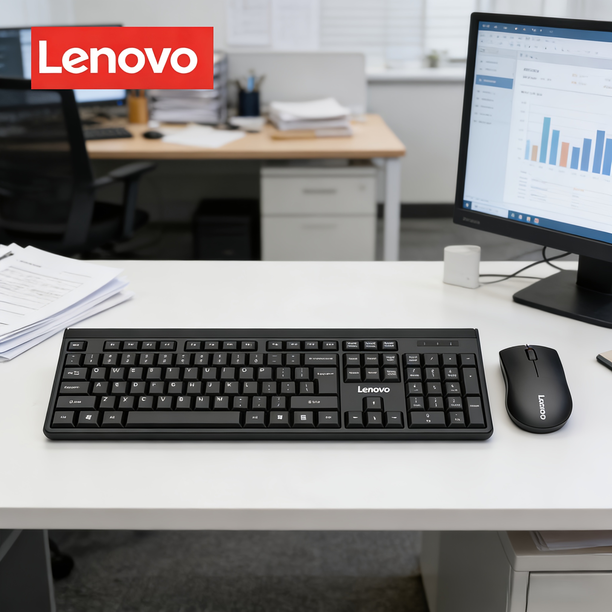 Combo Teclado e Mouse Lenovo 2.4G, Teclado Completo 104 Teclas + Mouse 1200DPI, Plug-and-Play para Escritório/Casa