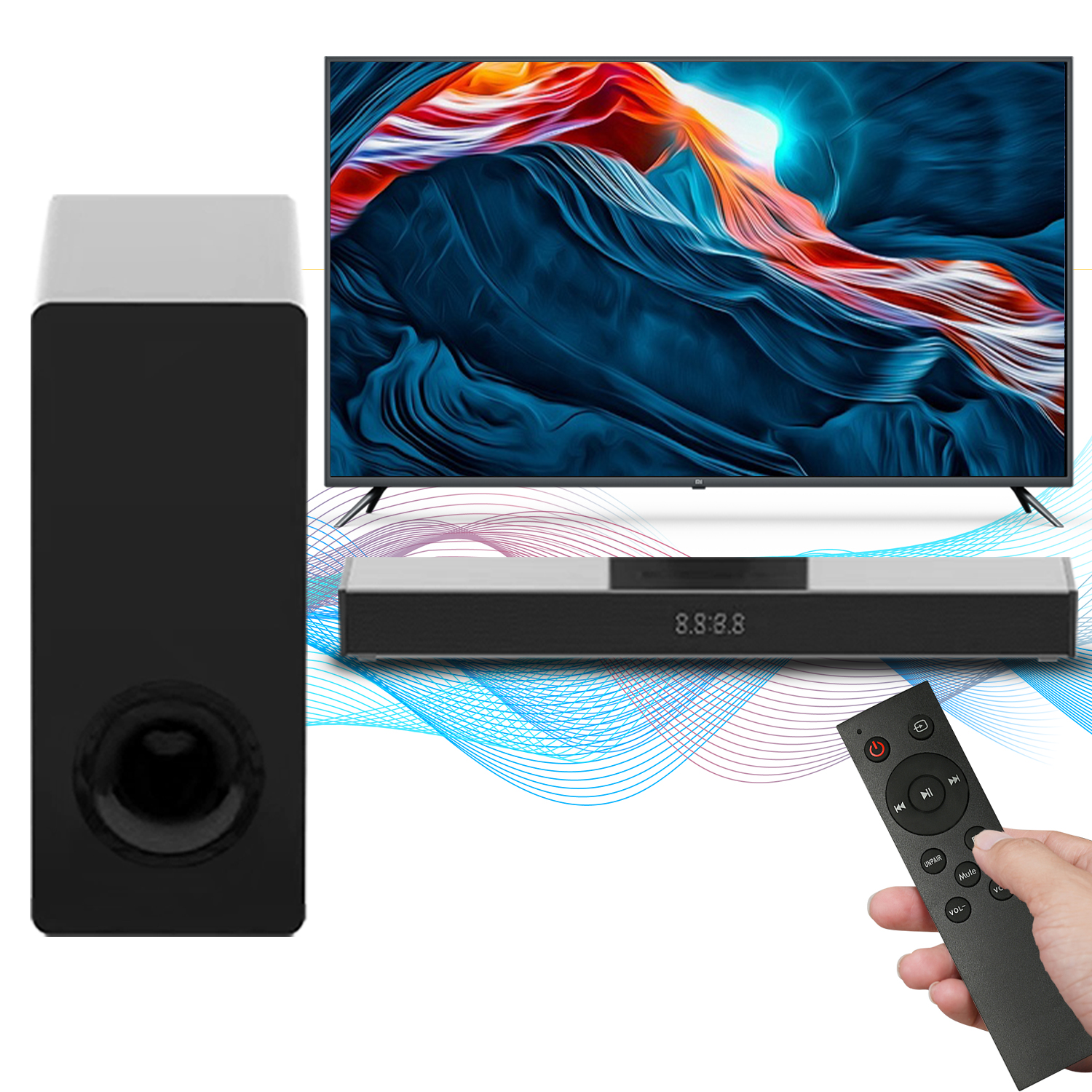 Soundbar com Subwoofer para PC/Smart TV, Surround 3D e Graves de Alta Fidelidade, Barra de Som Portátil, Reprodutor de