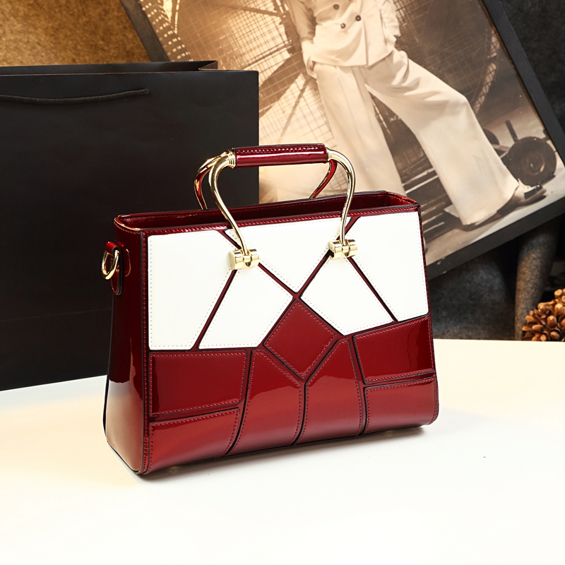 Bolsa de mão de couro patente vinho tinto & branco, elegante bolsa tiracolo e transversal feminina com patchwork