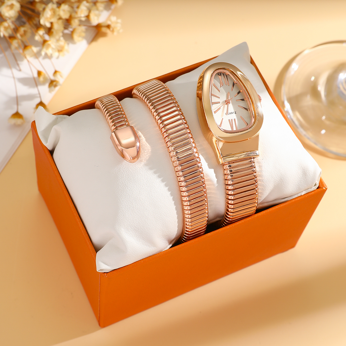 Luxo Rosa Ouro Branco Dial Cobra Banda Relógio Feminino Minimalista Para Deslocamento Diário 1 Peça