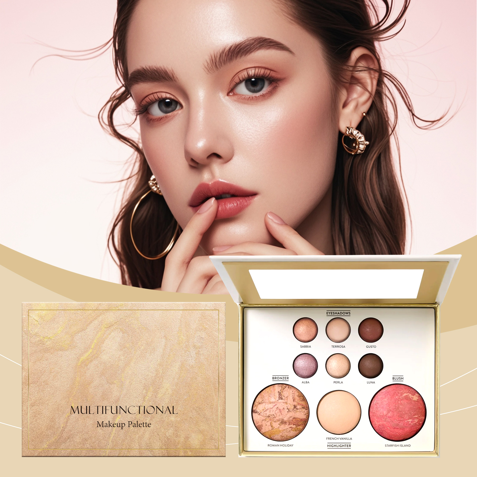 Paleta de Maquiagem Multifuncional 4 em 1 com Sombra, Blush, Iluminador e Contorno – Prática e Compacta