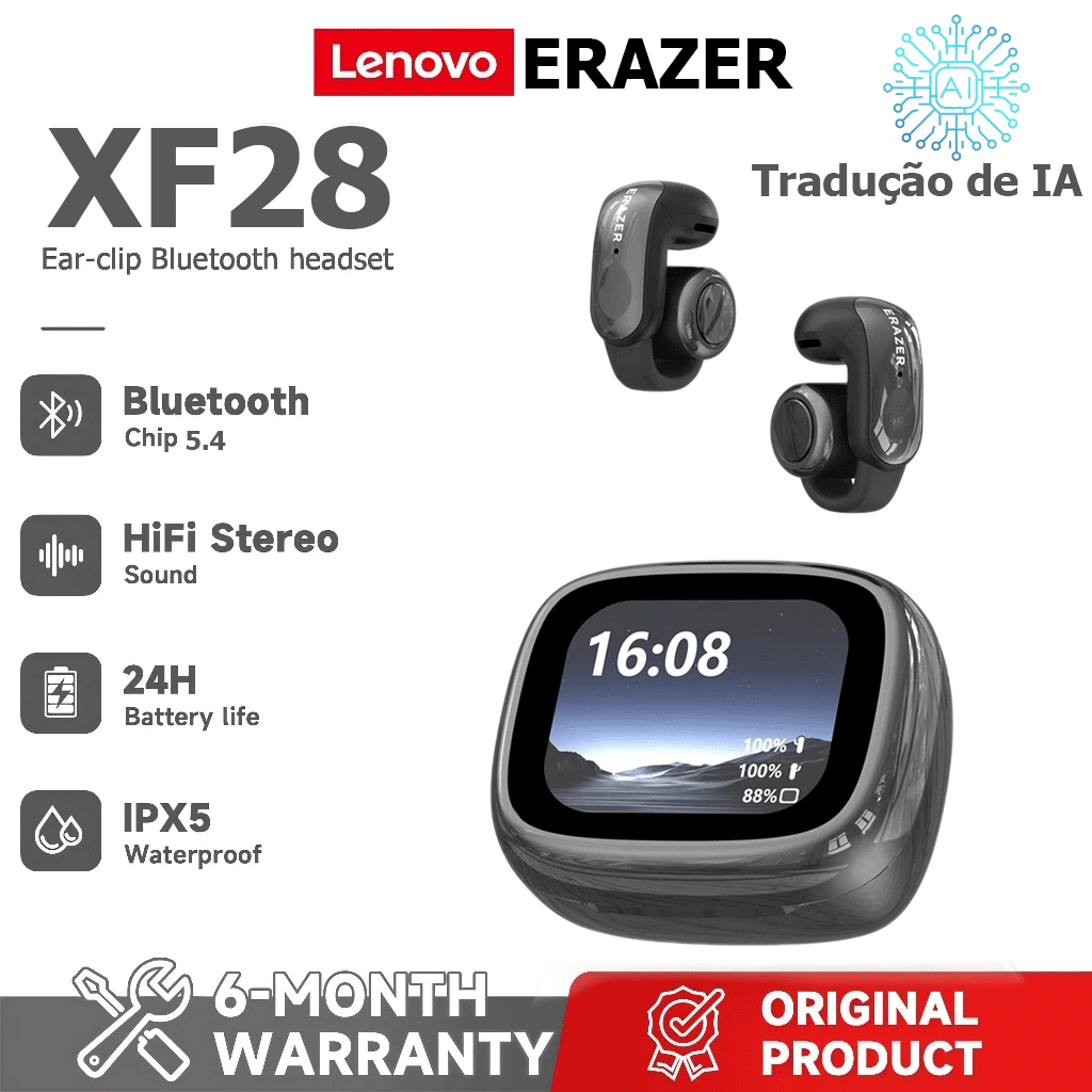 Fones De Ouvido Lenovo Erazer XF28 De Tradução AI Tela HD De 5.4 Polegadas Tradutor Inteligente TWS Sem Fio HiFi Estéreo