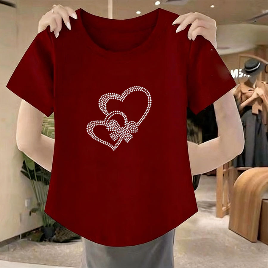 Camiseta casual de verão para mulheres - gola redonda, manga curta, ajuste solto, cor vinho tinto com estampa de laço de