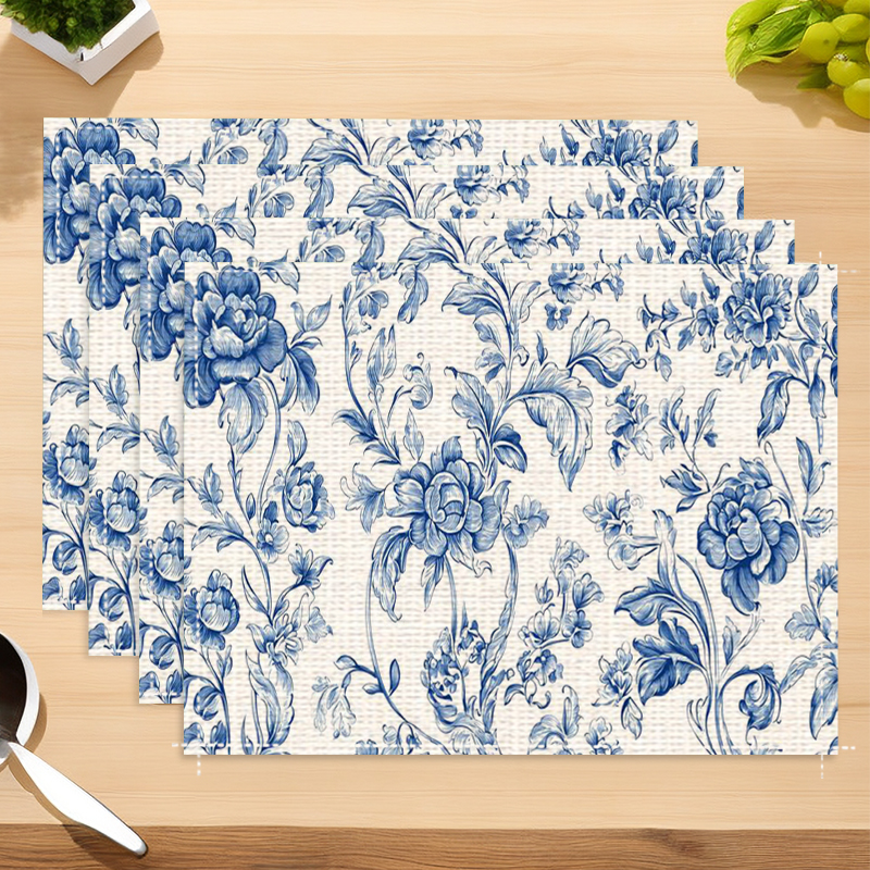 4 peças de jogo americano de linho azul e branco com estampa floral vintage, conjunto com 4 peças, estampa de flores