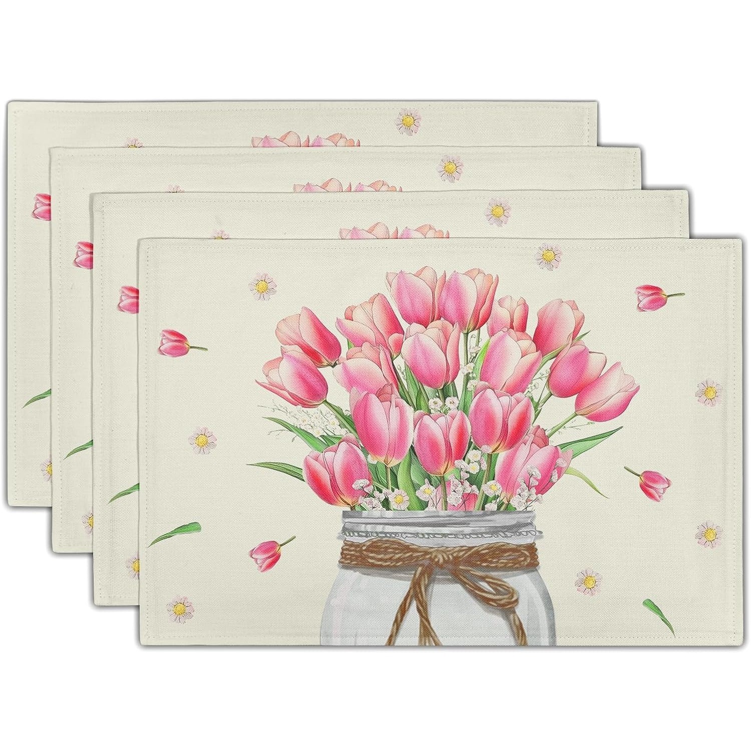 Jogo Americano De Frasco De Pedreiro Floral Tulipa Rosa-4 Peças De Tapetes De Mesa De Flores Aquarela De Primavera-Linho