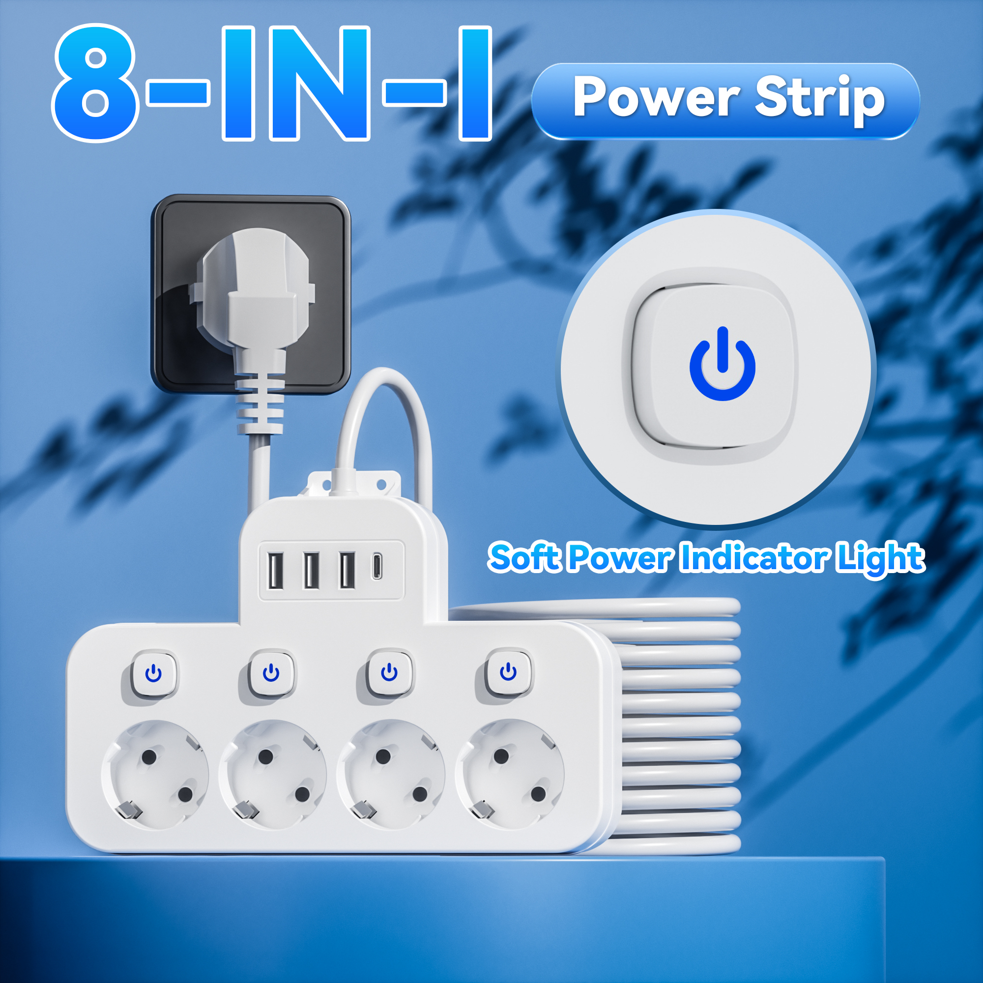 Dispositivo De Segurança Elétrica Tomada Da Ue 8-Em-1 4 Tomadas 3 USB a E C Interruptores Independentes Plugue
