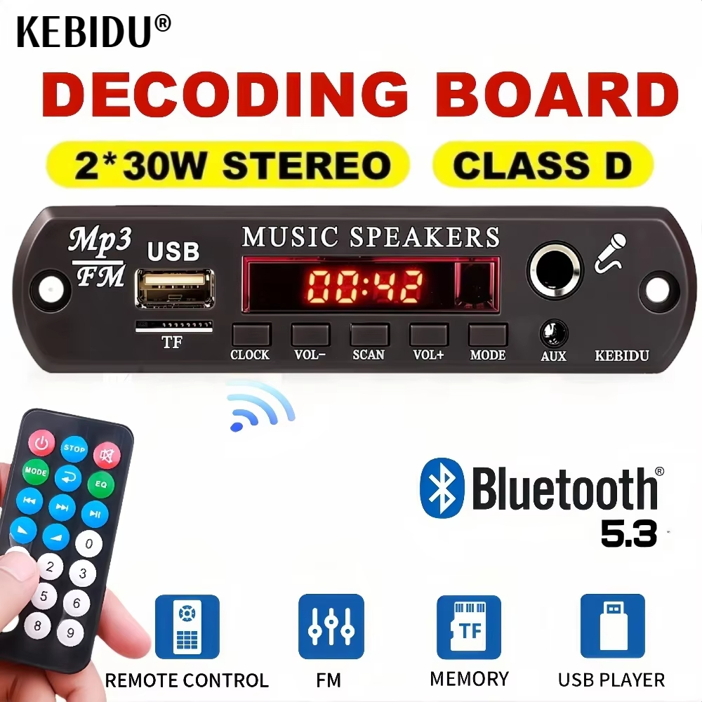 60W Amplificador 12V MP3 Decodificador Placa Bluetooth 5.3 Áudio Estéreo DIY Carro MP3 Player Rádio FM TF USB 6.5mm Micr