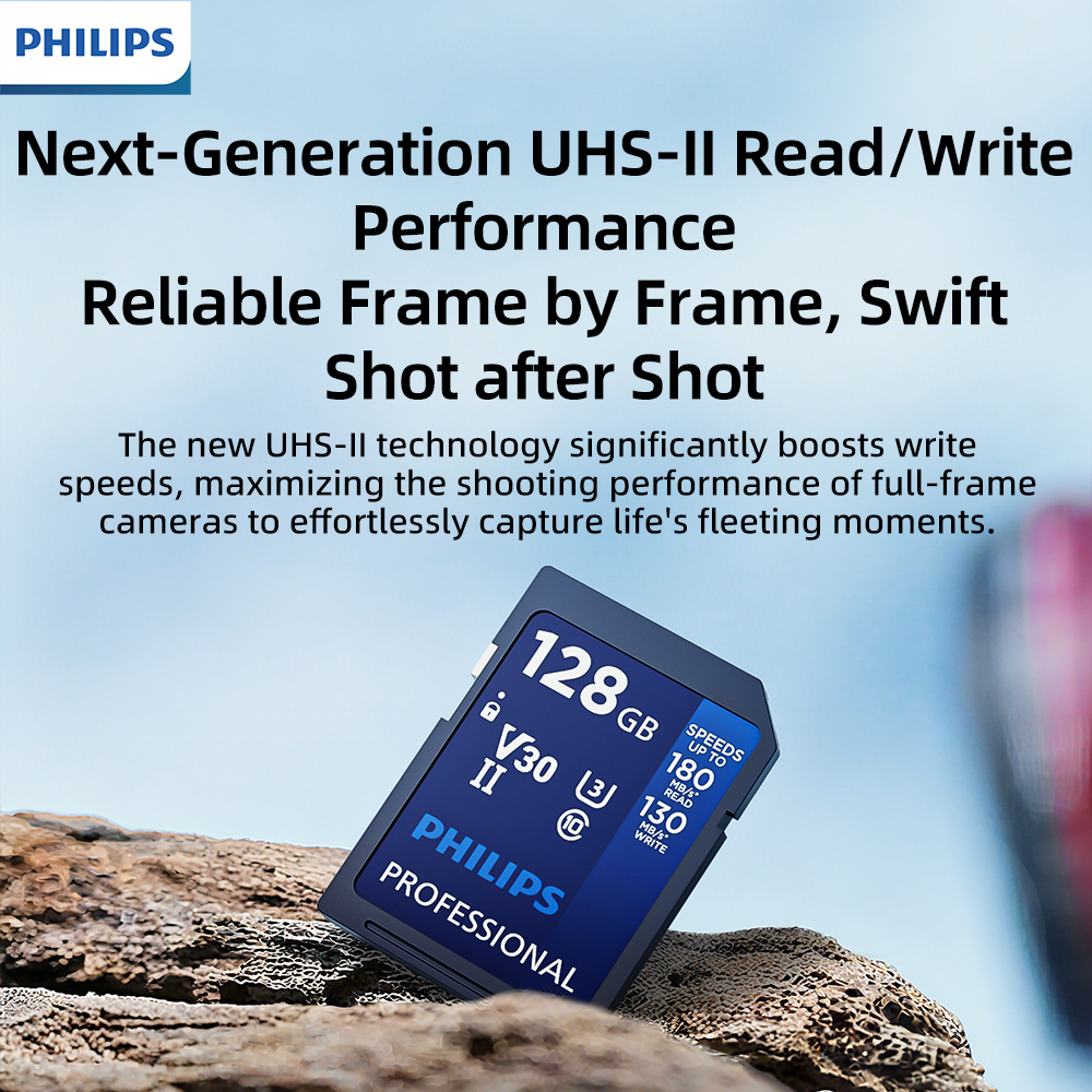 Cartão de Memória SD Profissional PHILIPS UHS-II V30 Cartão de Memória para Câmera Vídeo 4K UHD Full HD 1080p