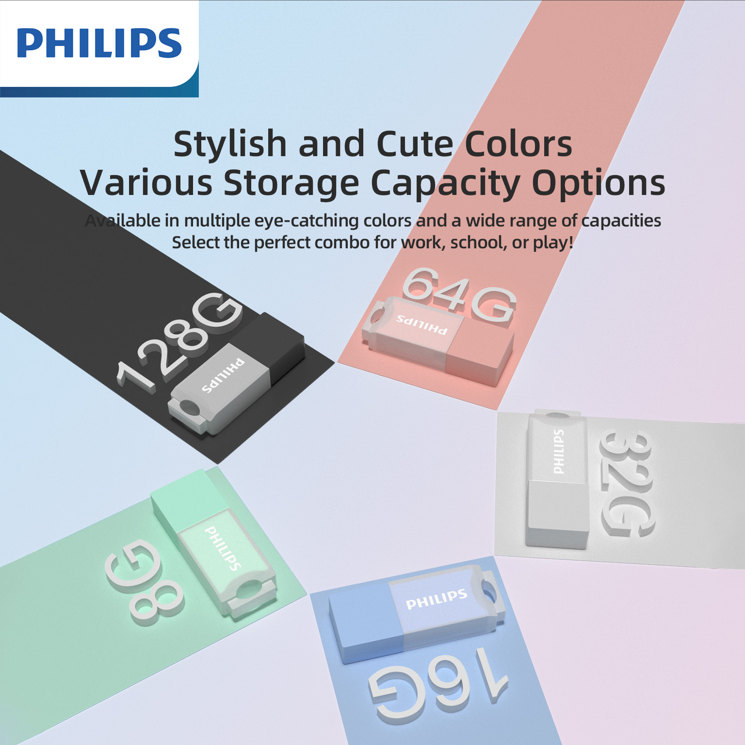 PHILIPS Pen Drive USB 2.0 Plug & Play para Estudantes e Escritório, Dispositivo de Armazenamento Essencial, 5 Cores: