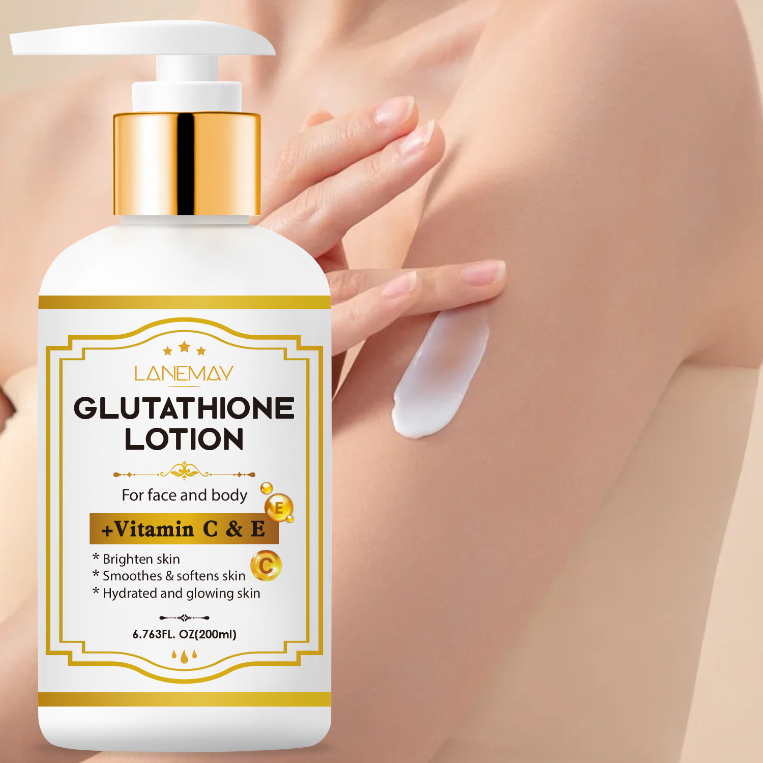 Loção com Glutationa, Vitamina C&E - Clareadora, Hidratante & Creme Facial e Corporal para Pele Seca e Rachada de Bege