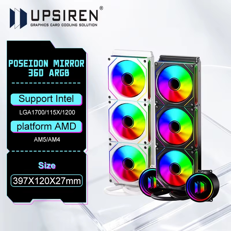 UPSIREN Poseidon Mirror 360 360 mm All-in-one Refrigeração a Água Espelho infinito Design de cabeça fria ARGB Ventoinhas