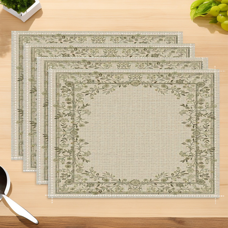 Jogo Americano De Linho Floral Vintage – 4 Peças De Borda Verde Sálvia Da Fazenda Resistente Ao Calor , Antiderrapante ,