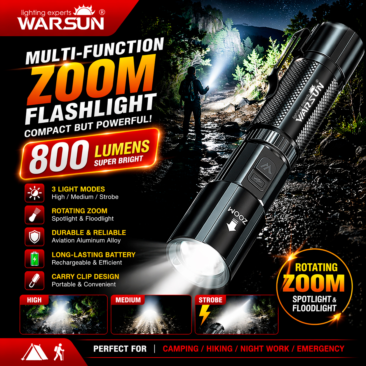 WARSUN BL-8S Lanterna de Busca Recarregável, Tocha de LED de Alta Potência Ultra Brilhante para Acampamento ao Ar Livre