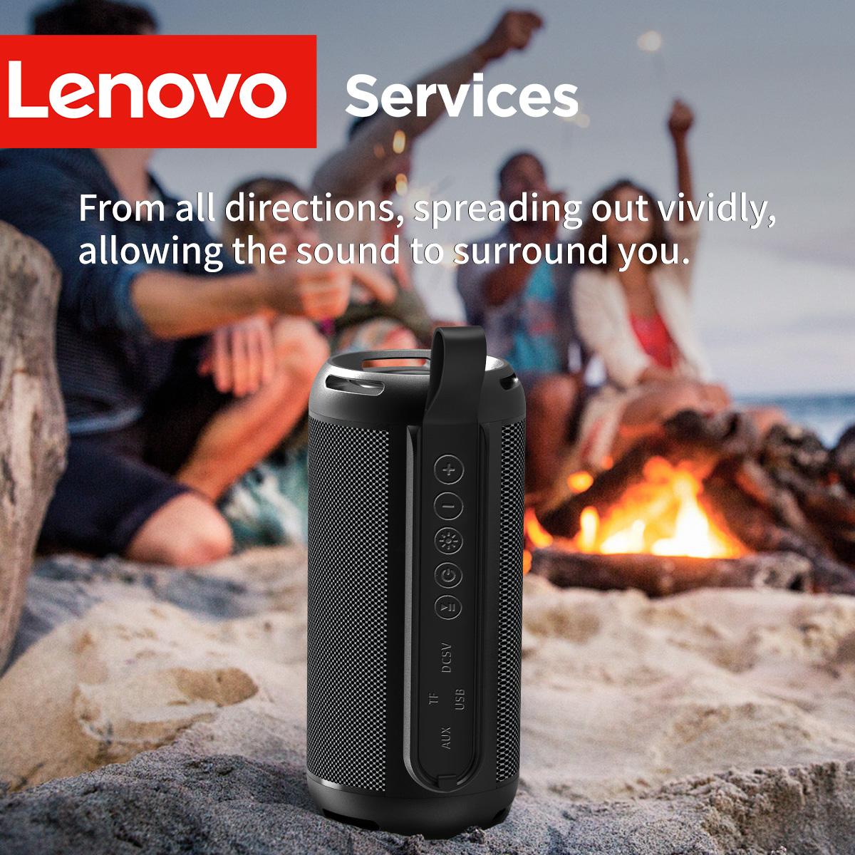 Lenovo D02 Alto-falante Portátil Sem Fio com Cordão, Som Surround 360° Subwoofer Potente Bluetooth 5.1 Caixa de Som